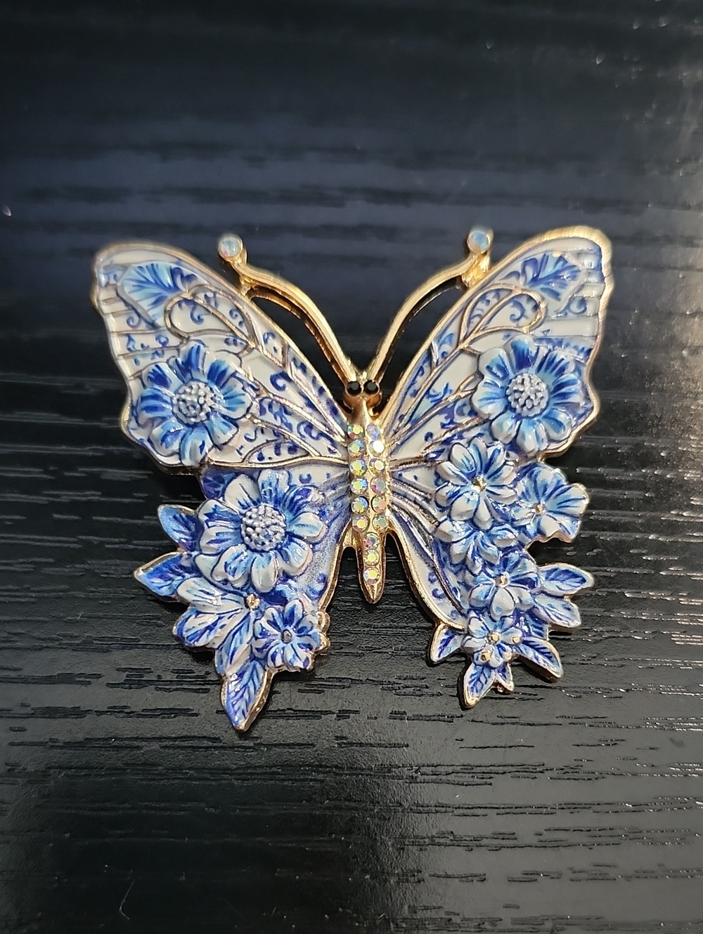 Blue Floral Butterfly Brooch - Gold Accent